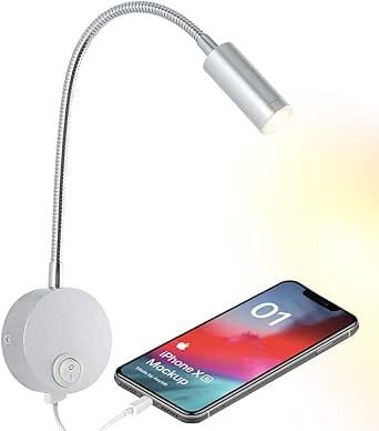 Bedside Reading Wall Light with USB Charging Port, LED Wall Mounted Lamp, Flexible Wall Sconce ...
