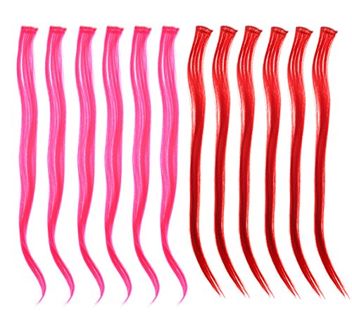 SWACC 12 Pcs Multi-Colors Party Highlights Clip on in Hair Extensions Colored Hair Streak Synthetic Hairpieces (22-Inch Straight, 6 Pcs Hot Pink + 6 Pcs Red)