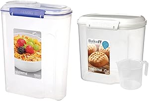 Sistema KLIP IT Utility Collection Cereal Container, 17.75 Cup, Clear/Blue | BPA Free & Bake IT Sugar Storage Container with Measuring Cup, 10.2 cup/2.4L, Clear/White