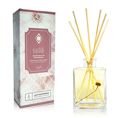 Luxe Home Paperwhite Gardenia Reed Diffuser Set | Jasmine Fragrance Notes | Beautiful Home Decor & Home Scent | Real Flower Inside The Bottle!