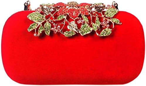 Bettyhome Women Luxury Crystal Colorful Leaves Velvet Rhinestone Chain Clutch Evening Bag Purse (red)