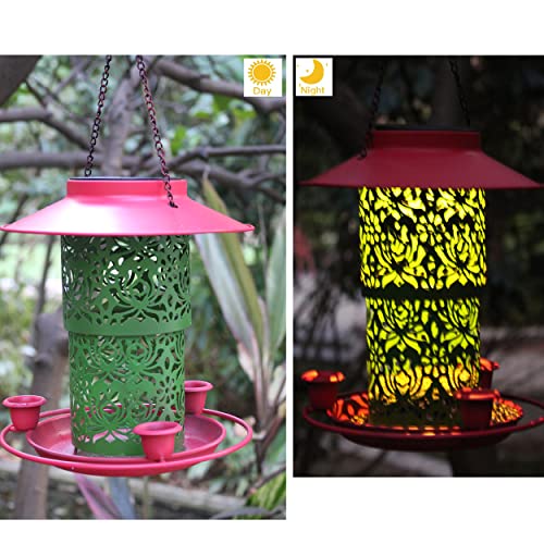 Solar Bird Feeders for Outdoors Hanging Garden Light,Metal Tube Feeders for Wild Birds Cardinals Feeding Station Retractable,3 Water Cups,Big Roof