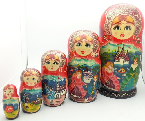 Cinderella fairy tale Russian Hand Carved Hand Painted Nesting 5 piece DOLL Set