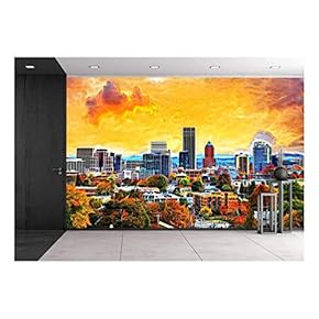 Portland Oregon Downtown City During Sunset in The Fall Season Abtract Painting - Removable Wall Mural | Self-Adhesive Large Wallpaper - 66x96 inches