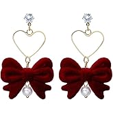Christmas Pearl Bow Earrings Gold Heart Bow Earrings for Women,Red Velvet Bow Pearl Drop Dangle Earrings for Bride,Pearl Bow Earrings Wedding Party