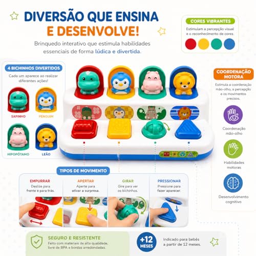 Brinquedo Montessori Infantil Esconde-Esconde Pop Up Interativo Educativo Sensorial para Bebês 1 ano+ (Bichinhos)