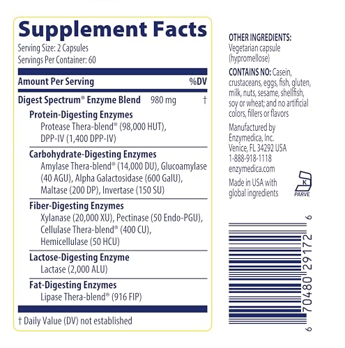 Enzymedica Digest Spectrum - Digestive Enzyme Supplement for Women & Men, Enzymes for Digestion, Gut Health, & Multiple Food Intolerances, Targets Gluten & Lactose, Helps Gas & Bloating - 120 Caps