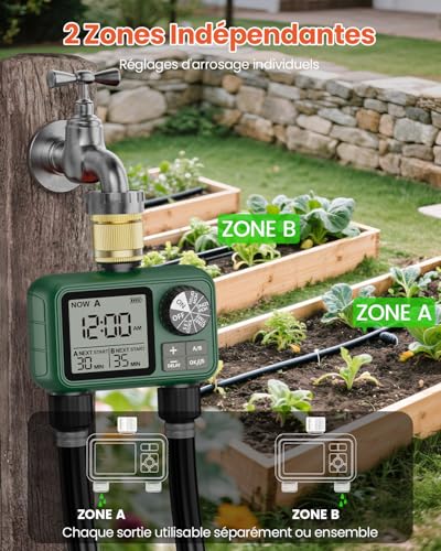2 Way Water Timer with Brass Inlet, Large LCD Display, Automatic Watering for Garden, Programmable Irrigation, Simple Use, Rain Delay Manual Watering for Lawn