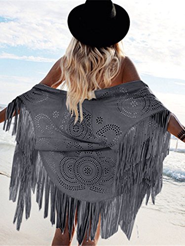 PERSUN Women's Suede Kimono Laser Cut Out Asymmetric Fringed Summer Cover up Cape (Grey) - Thumbnail 2