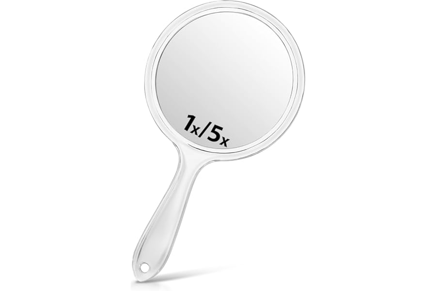 Macaki Hand Mirror, Double-Sided 1X/5X Magnifying Mirror with Handle, Acrylic, 8.3″ L x 4.5″ W, Clear, Pack of 1