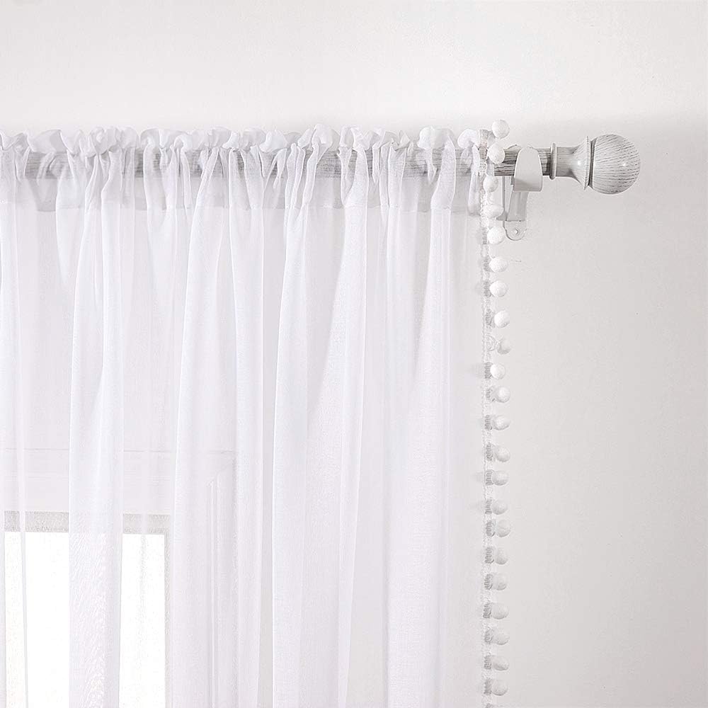 MIULEE Sheer Curtains with Pom Poms-White Voile Curtains for Bedroom Living Room Pretty Rod Pocket Pompom Curtains for Kids Girls Bedroom - Image 3