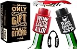 2 Vacuum Wine Stoppers + Gift Box + corkscrew bottle opener + bottle foil peeler - Perfect Wine Gift Accessory, Set of 4 Funny Wine tools - Great birthday present and drinking gift