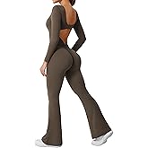 YEOREO One Piece Wide Leg Jumpsuits for Women Workout Long Sleeve Backless Flare Jumpsuit Lizvette Scrunch V Back Yoga Romper