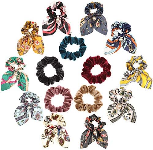 Bolonbi 15 pcs Hair Scrunchies, Chiffon Hair Ties Elastic Hair Bands Bowknot Pearls Hair Ropes Chiffon Ponytail Holder with Velvet Hair Scrunchies for Women