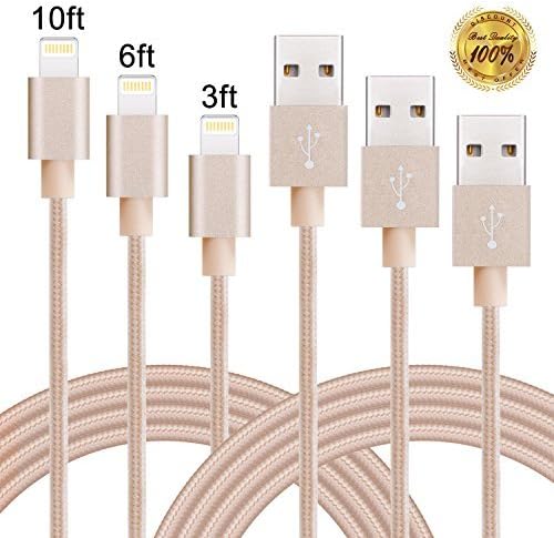Winage 3Pack 3ft 6ft 10ft Charger Cable Nylon Braided Sync and Charge Cord with Aluminum Heads Compatible with iPhone7/7 plus/ SE/ 6/6s/6 plus/6s plus, 5c/5s/5, iPad Air/Mini, iPod Nano/Touch(Gold)