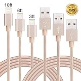 Winage 3Pack 3ft 6ft 10ft Charger Cable Nylon Braided Sync and Charge Cord with Aluminum Heads Compatible with iPhone7/7 plus/ SE/ 6/6s/6 plus/6s plus, 5c/5s/5, iPad Air/Mini, iPod Nano/Touch(Gold)