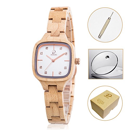 Natural Maple Wood Watch for Women, Diamonds Gold Rectangle Beige Watch Face with Adjustable Wooden Bracelet (Maple Wood)