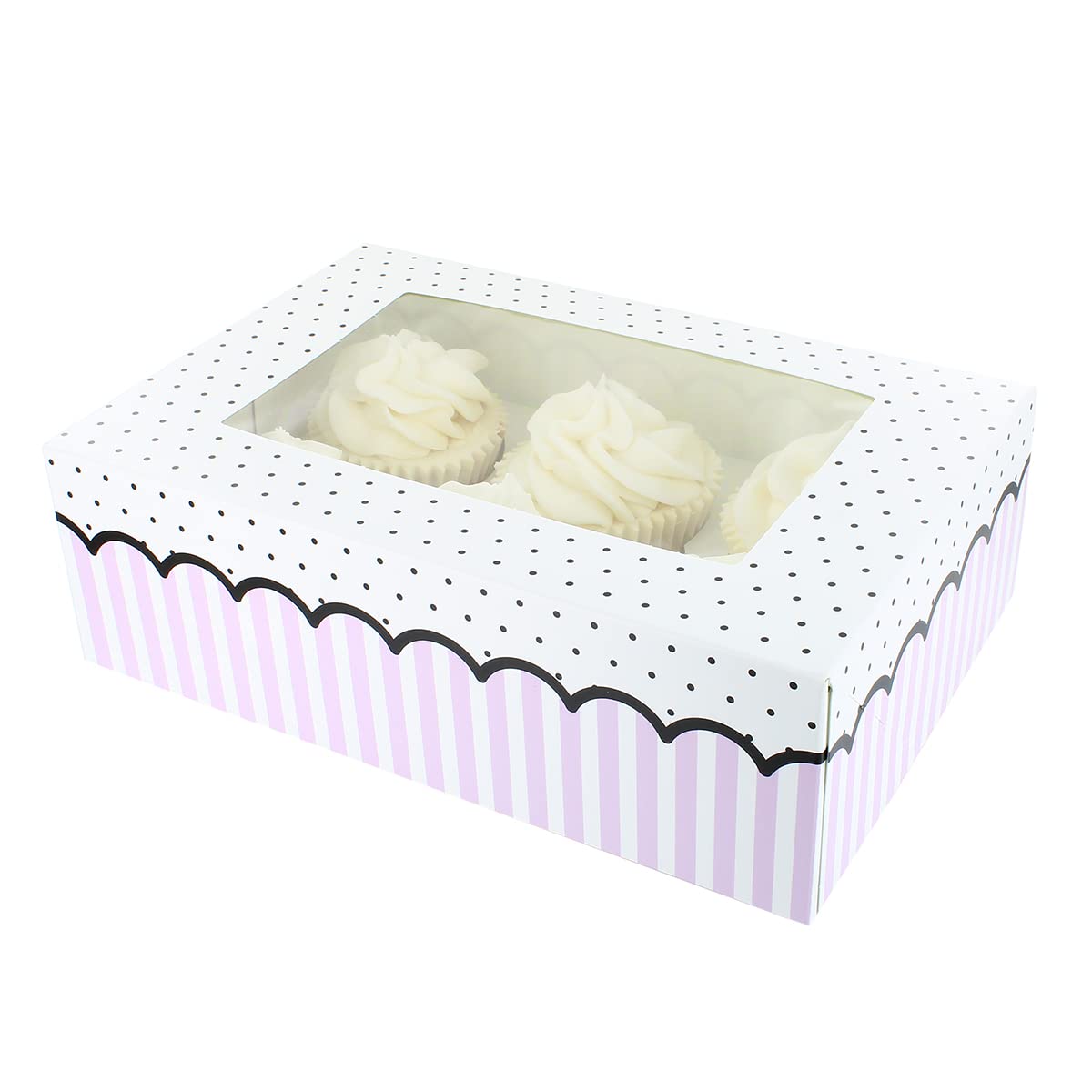 Culpitt 6/12 Cupcake Box, 20 Pack, Cupcake Boxes to Carry Tasty Treats, Includes Dual Insert for 6 Standard Cupcakes or 12 Mini Cupcakes - Pink Spots and Stripes,86962