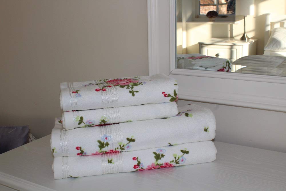 SHL White/Pink Rose Floral Printed 100% Cotton Towel 400 Gsm (Bath Towel)