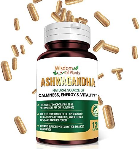 Organic Ashwagandha Extract – Full-Spectrum CO2 Ashwagandha Root Extract (50% Withanolides), Mood Support and Anxiety Relief Supplements with Black Pepper Extract, 120 Veggie Capsules