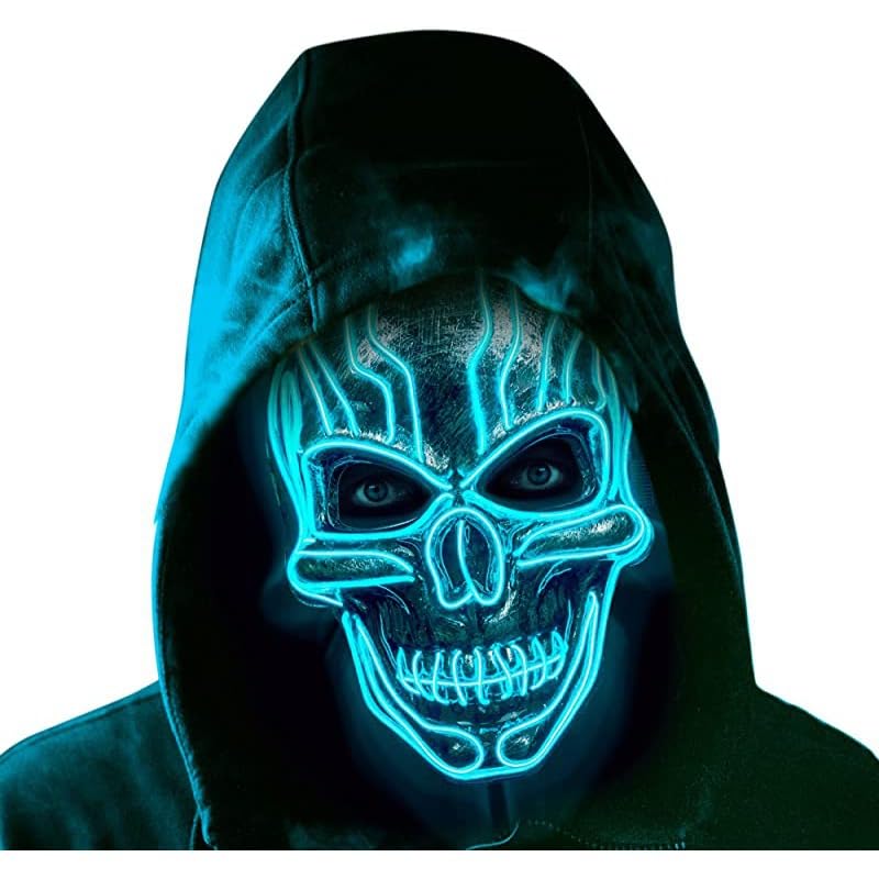 eBoutik - Scary Light Up Glowing Halloween Purge Spooky Skeleton Mask Costume - Creepy Festival LED Fancy Dress Cosplay Masquerade Demon Costumes For Kids & Adults Trick or Treat Outfit (Blue)