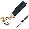Kewucn Genuine Leather Car Keychain, Universal Heavy Duty Metal Auto Key Fob Holder with Anti Lost D-Ring for Men Women (Golden-Black Green)