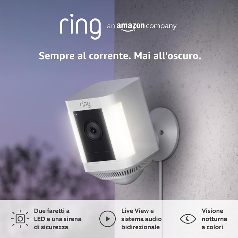videocamera Plus con faretti plug-in (Spotlight Cam Plus) | Telecamera di sorveglianza HD wifi per esterno con audio bidirezionale, fai-da-te | Ring Home: 30 gg. prova gratuita | 2 telecamere