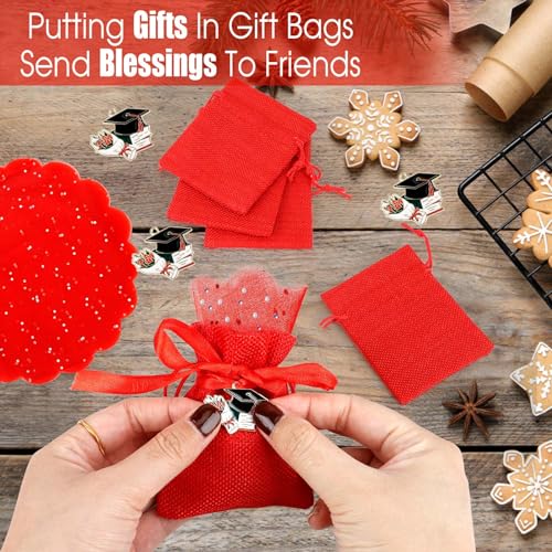 30 Pieces Fabric Gift Bags with 30 Pieces Graduation Hat Pendant Jute Bags Drawstring for Graduation Party Red