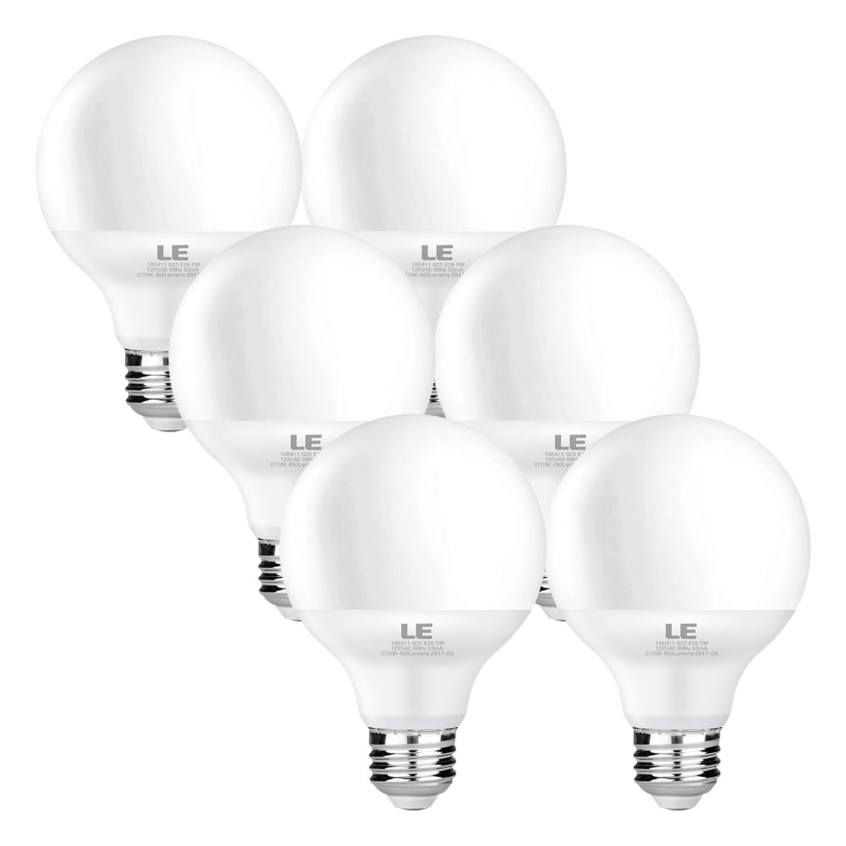 LE 6 Pack 5W G25 E26 LED Bulbs, 40W Incandescent Bulb Equivalent, Non