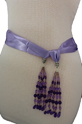 TFJ Women Fashion Silk Fabric Tie Belt Sash Fringes Beads Soft Scarf Xs S Lavender