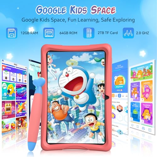 2026 Upgraded Kids Tablet 10 inch, Android 16 Tablets for Kids, Parental Control, Pre-Installed Kiddos Software & Kids Space, Includes Case & Stylus Pen, 12GB RAM 64GB ROM, 2TB Expand, HD IPS Screen