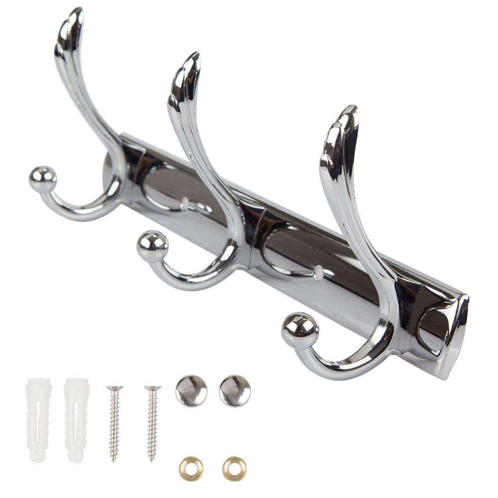 ASelected Stainless Steel Wall Mounted 3 Double Hook Hanger Rail Rack for Coat Hat Clothes Robe Towel Hook Heavy Duty Hanger Rack Holder