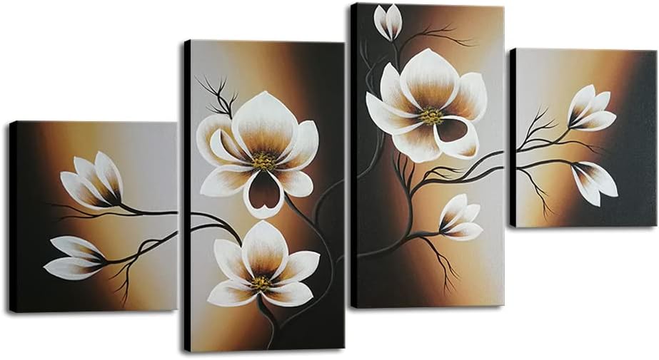 Paintings - Wieco Art Large Modern 4 pcs 100% Hand Painted Gallery Wrapped Abstract Floral Oil Paintings on Canvas Wall Art Yellow Flowers Bloom Artwork Ready to Hang for Living Room Bedroom Home Decorations L