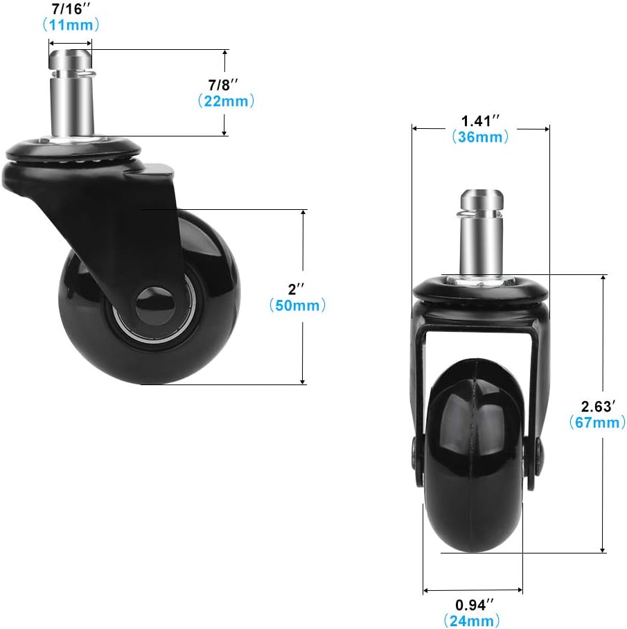 Office Chair Caster Wheels 2" Plug-in 11x22mm Office Chair Replacement Wheels-Smooth&Safe for Hardwood,Tile and Carpet Floors-Universal Fit for Aeron,Mid-Back Office Chair (2"_FBA, Black): Furniture & Decor