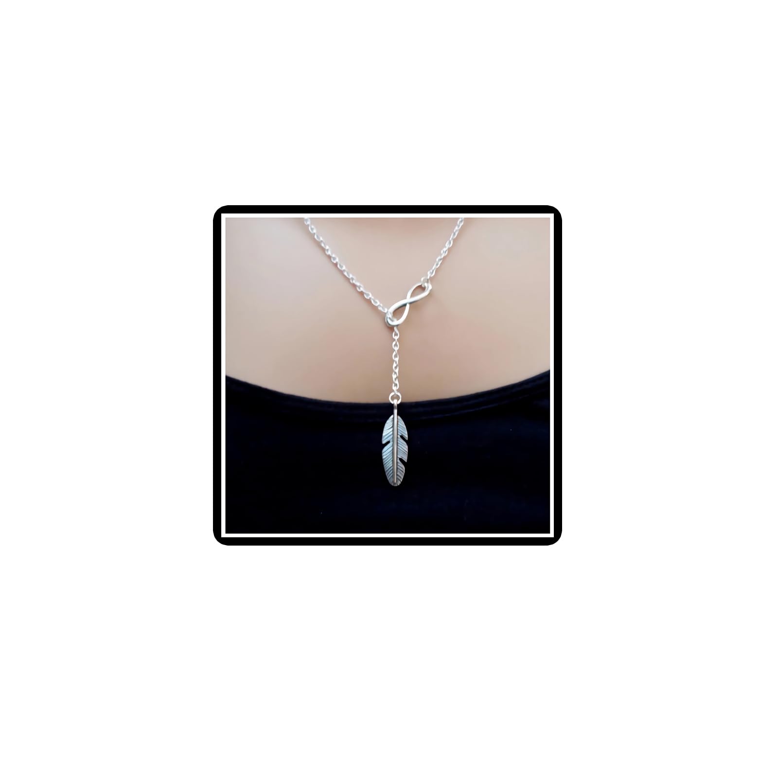 Feather Infinity Pendant Necklace Lucky 8 Leaf Lariat Y-Shape Necklace Chain Jewelry for Women Girls Teens (Silver)