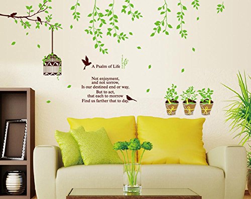 BIBITIME Green Tree Branch Hanging Birdcage with 4 Birds 3 Potted Plants Wall Sticker for Door Window Desk Decor Decals ,DIY Size: 59.06 41.34 IN
