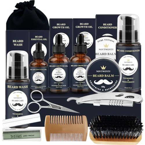 Azulmart Beard Growth Kit 12Pcs, Beard Care Beard Grooming Set Include 2Pack Beard Wash, Beard Oil, Beard Conditioner, Brush Comb, Mustache Scissors, Balm Storage Bag Gift for Boyfriend Husband Father