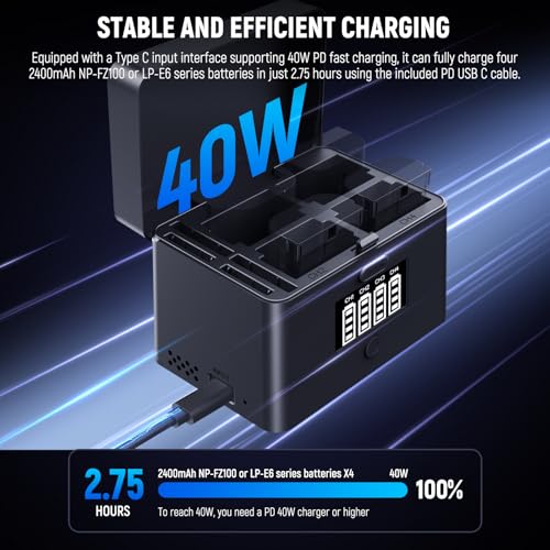 NEEWER 2 In 1 Four Channel USB Battery Charger for NP-FZ100 & LP-E6, 40W Fast Charging, Backup Power Supply Compatible with Sony A6700 A7III FX3 FX30 A7IV Canon EOS R5 Mark II 6D/II 5D/III 5D, NW-ZP4