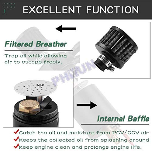 Universal Black Billet Aluminum Baffled 3-Port Oil Reservoir Catch Can Oil Separator Air Filter Cleaning Tank with Drain Valve Breather with Inlet Outlet Connector Keep the Engine Clean
