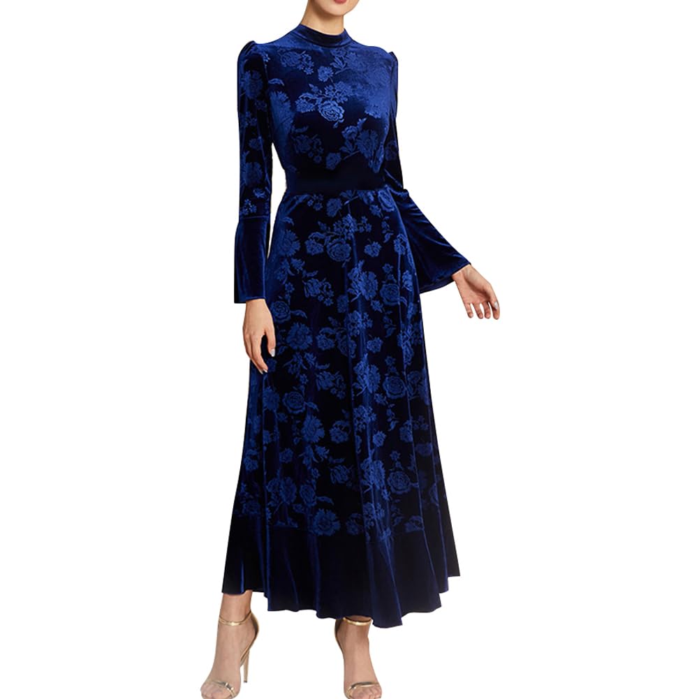 Photo 1 of ***NEEDS A ZIPPER REPLACEMENT**** Women's Fall Winter Dress Long Bell Sleeve Mock Neck Floral Velvet Long Maxi Dress Party Dress Wedding Guest Dress Dark Blue L