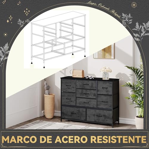 FURRIFIC Cómoda Gran Capacidad de 9 Cajones,100 * 75 * 30cm,Cajonera para Recamara,Ropa,Hogar Y Oficina,Organizador Cajonera de Estructura Metal con Cajones de Tela en 3 Tamaños,Negro