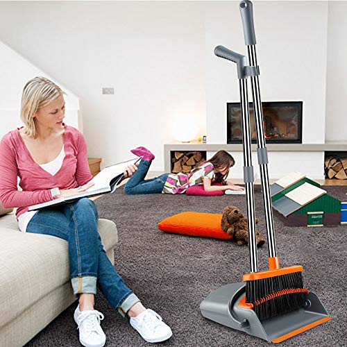 Kelamayi Broom and Dustpan Set, Super Long Handle Lobby Broom, Self-Cleaning with Dust Pan Teeth, Ideal for Home, Kitchen and Office Use (Gray & Orange)