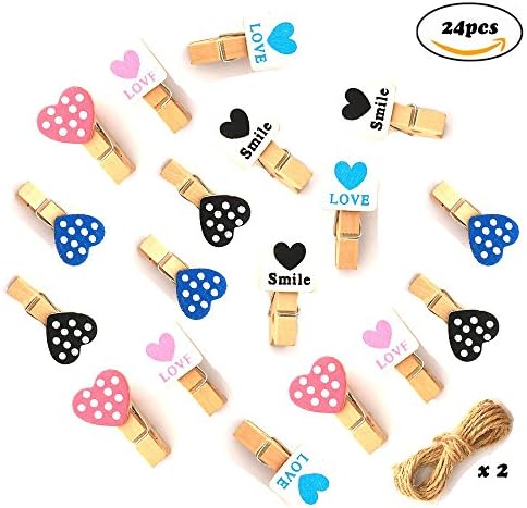 Baliante Colored Mini Photo Clips Love Heart Shape Wooden Photo Holder Card Paper Peg Pin Craft Clips Clothespins 24pcs