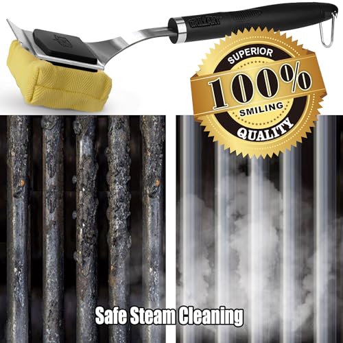 GRILLART Grill Brush Bristle Free Safe Steam Cleaning Tool, Replaceable Head for Any Grate Type - 17” Long Handle w/One-Fit-All Scraper - BBQ Accessories Cleaner for Outdoor Grill - Gifts for Men/Dad