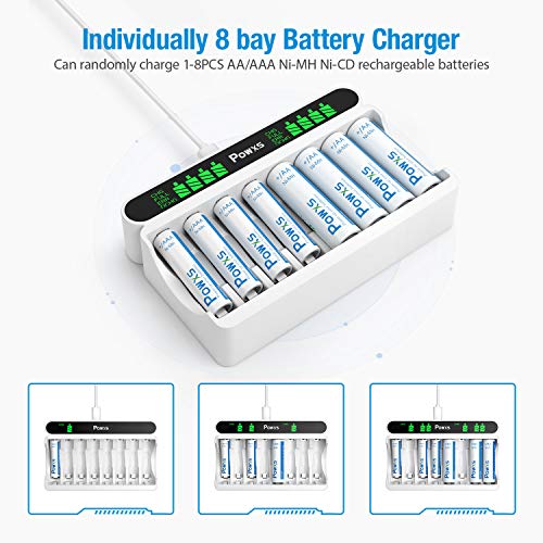 POWXS LCD AA AAA Battery Charger Independent 8 Bay Battery Charger, Including 4 Count AA and 4 Count AAA Rechargeable Batteries