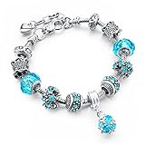 Long Way Blue Beads Carved Bracelet Sliver Plated Snake Chain Charm Strand Bracelet For Women&Men