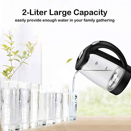 Stariver Electric Kettle Glass Tea Kettle Heater, 2 Liter Large Capacity with LED Light, Auto Shut-Off and Boil-Dry Protection, Stainless Steel Inner Lid and Bottom, Black