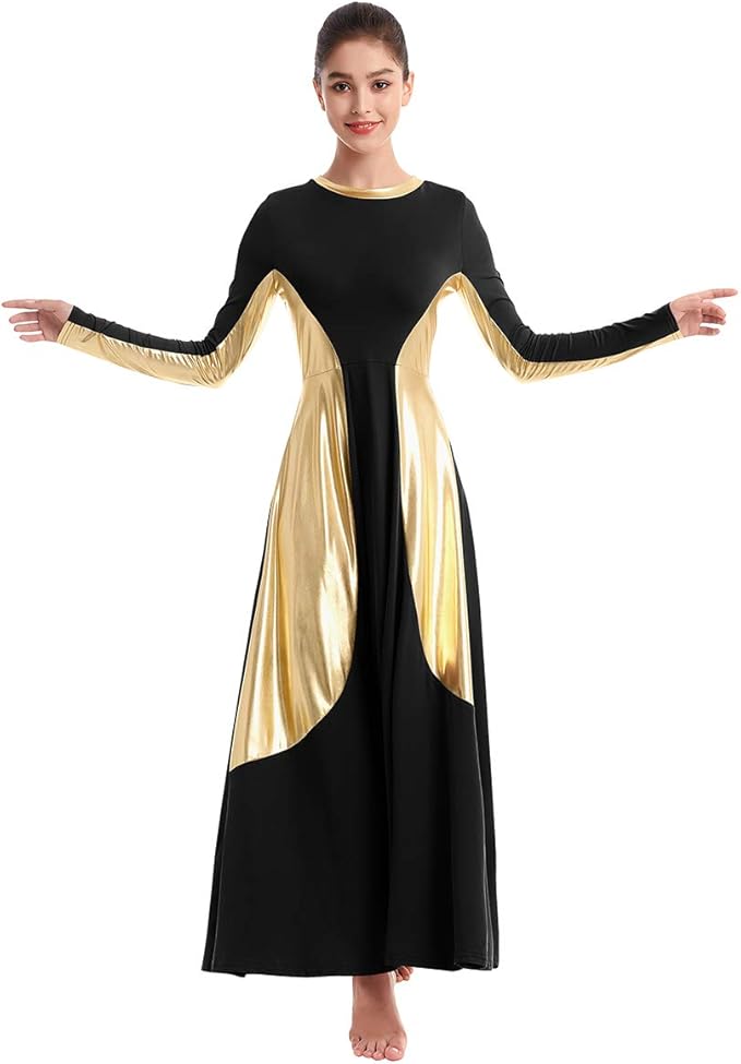 Metallic Praise Dance Dress for Girls Gold Bell Long Sleeve Liturgical