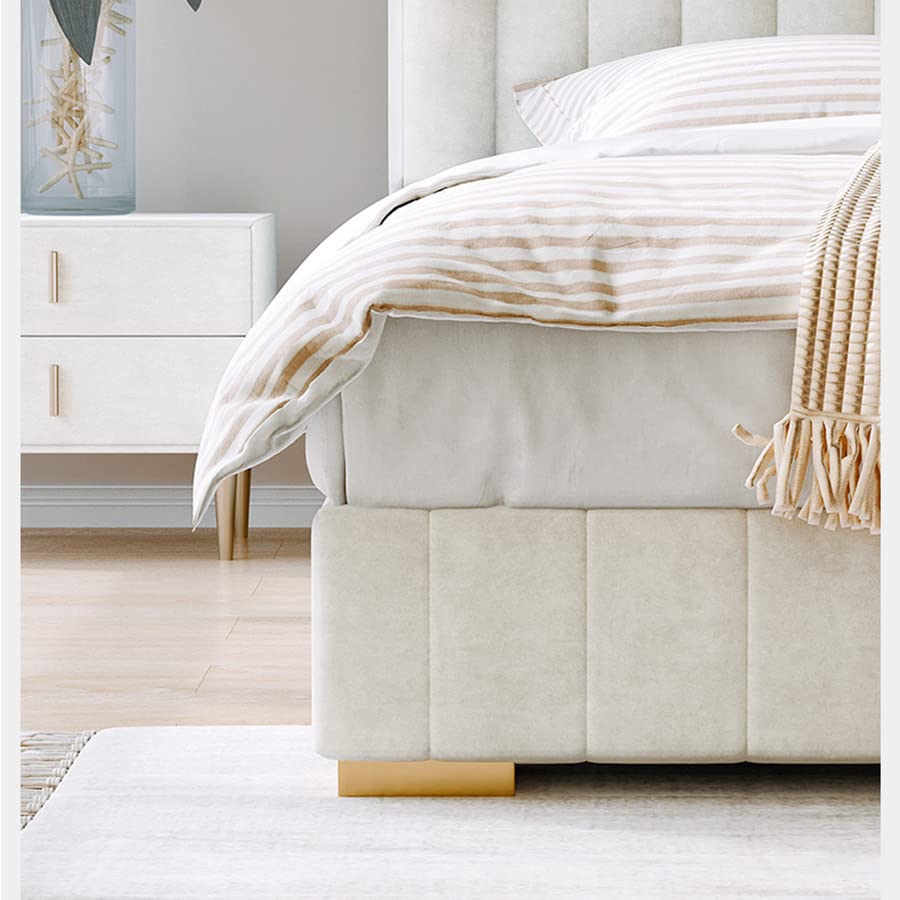 Beige Velvet Upholstered Bed Frame, Vertical Tufted Headboard, Sturdy Solid Wood Support, 600kg Weight Capacity, Queen King Super King Sizes, 5-Day UAE Delivery & Professional Installation