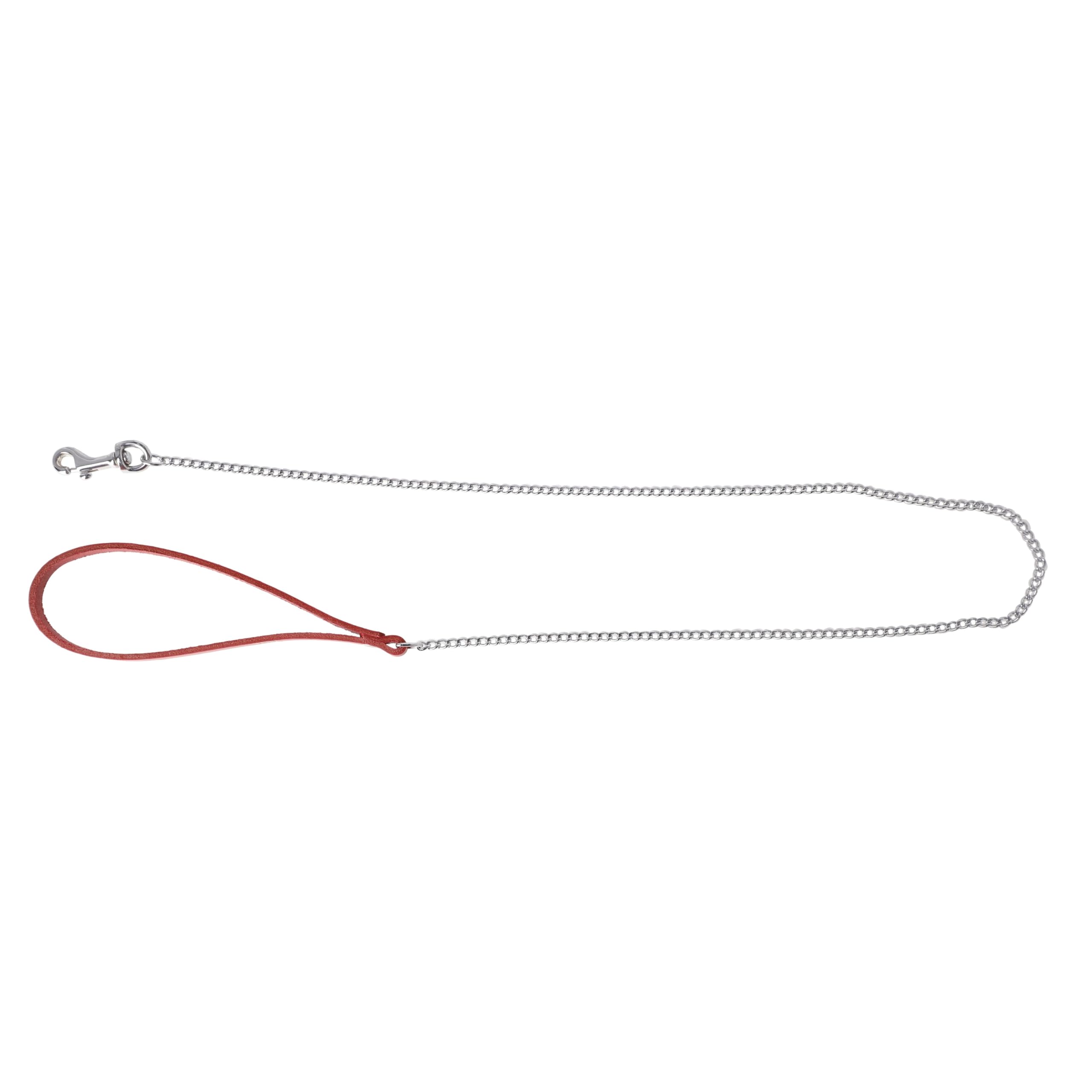 Dingo Chain Leash for Dog with Red Leather Handle, Hanmade Lead with Strong Chains Links 10784